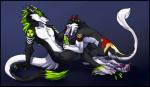 anthro anthro_on_anthro balls black_border bodily_fluids border cum cum_in_mouth cum_inside duo erection genital_fluids genitals green_penis handjob male male/male open_mouth paws penile penis sex tail tongue tongue_out zetsin gustav nebby_(nebb) sergal artist_collaboration hi_res