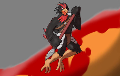 anthro armor beak black_body black_feathers bottomwear clothed clothing feathers male melee_weapon open_mouth polearm red_body red_eyes red_feathers scar shoulder_guards simple_background solo spear straps topless weapon assassinfenrir final_fantasy final_fantasy_fables square_enix volg_(chocobo) avian chocobo digital_media_(artwork) hi_res shaded
