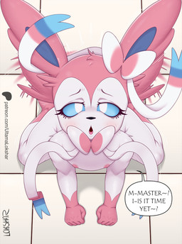 all_fours anthro areola biped black_nose blue_sclera blush blush_lines bottomless bottomless_anthro bottomless_female clothed clothing dialogue erect_nipples eyebrows female female_anthro flat_chested fur gloves_(marking) inside leg_markings loli looking_at_viewer markings nipples nude nude_anthro nude_female open_mouth pink_body pink_fur pink_markings pose ribbons_(anatomy) socks_(marking) solo speech_bubble talking_to_viewer text tongue topless topless_anthro topless_female white_body white_eyes white_fur young young_anthro young_female ultama_lokshar nintendo pokemon eeveelution generation_6_pokemon pokemon_(species) sylveon 2026 artist_name colored detailed digital_drawing_(artwork) digital_media_(artwork) english_text hi_res shaded signature