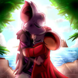 anthro backlighting clothed clothed_anthro clothing day duo eyes_closed female fully_clothed fully_clothed_anthro fur hug interspecies intimate light male male/female outside romantic romantic_couple sky sun white_body white_fur rockii mina_the_hollower yacht_club_games mina_(mina_the_hollower) thorne_(mina_the_hollower) bat mammal mouse murid murine rodent hi_res lighting