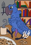 animal_genitalia animal_penis beak birdcage blue_body blue_feathers book bookshelf brown_eyes casual_exposure claws cloacal_penis container cookie crumbs cup feathers feet feral food furniture genitals holding_container holding_cup holding_mug holding_object knot male mug open_mouth penis plate smile solo table tail tail_feathers talons tapering_penis toes wings wyrmling_(artist) 20th_century_fox 20th_century_studios blue_sky_studios rio_(series) blu_(rio) avian bird macaw neotropical_parrot parrot spix's_macaw true_parrot digital_drawing_(artwork) digital_media_(artwork) hi_res signature