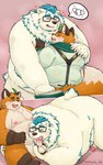 anthro balls belly big_belly black_nose blush duo erection eyewear genitals glasses heart_symbol kemono male male/male moobs nipples oral overweight overweight_male penis simple_background sitting small_penis white_body 96panda tamacolle hyuga_(tamacolle) iyo_(tamacolle) bear canid canine fox mammal 2024 hi_res