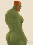 back_muscles beard biceps body_hair butt butt_pose chest_hair facial_hair green_body green_skin hair looking_at_viewer looking_back male muscular muscular_humanoid muscular_male nipples not_furry nude orange_hair pecs pose simple_background solo three-quarter_view triceps yellow_eyes headingsouth nintendo the_legend_of_zelda ganondorf gerudo humanoid hi_res portrait three-quarter_portrait