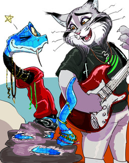 anthro belt blue_body blue_scales bottomwear clothed clothing duo ear_tuft electric_guitar fangs feral footwear fur green_clothing green_shirt green_topwear grey_body grey_fur guitar hoodie jewelry looking_at_another male musical_instrument necklace orange_eyes pants plucked_string_instrument red_clothing red_hoodie red_topwear scales shirt shoes smile smiling_at_another string_instrument teeth topwear tuft whiskers white_bottomwear white_clothing white_footwear white_pants white_shoes yellow_eyes shimo_mi_0503 disney zootopia gary_de'snake pawbert_lynxley canada_lynx felid feline lynx mammal pit_viper reptile scalie snake viper 2025 digital_media_(artwork) hi_res