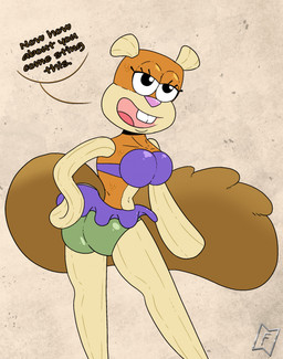 anthro big_breasts big_butt bikini bikini_bottom bikini_top breasts brown_body brown_fur butt clothing female fur looking_at_viewer looking_back looking_back_at_viewer orange_body orange_scales purple_bikini purple_clothing purple_swimwear scales solo speech_bubble swimwear text thick_thighs two-piece_swimsuit wide_hips mysterywhiteflame nickelodeon spongebob_squarepants sandy_cheeks aquatic cyprinid cypriniform fish goldfish mammal rodent sciurid tree_squirrel english_text hi_res