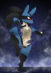 anthro fur male outside red_eyes sky solo v-d-k nintendo pokemon canid canine generation_4_pokemon lucario mammal pokemon_(species) 2017 absurd_res hi_res