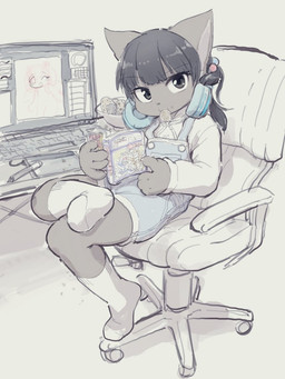 anthro book chair clothed clothing computer eating electronics female footwear furniture gaming_chair headphones looking_at_viewer on_chair reading simple_background sitting socks solo tablet white_background young young_anthro young_female 3yo4yo5yo hiraragi_akane felid mammal