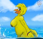 areola beak big_breasts big_butt bracelet breasts butt clothing cloud feathers female jewelry looking_at_viewer nipples nude open_beak open_mouth overweight overweight_female purple_eyes sea slightly_chubby slightly_chubby_female swimwear tongue water yellow_body yellow_feathers yellow_skin thevgbear five_nights_at_freddy's scottgames chica_(fnaf) chica_(thevgbear) avian bird chicken galliform gallus_(genus) phasianid 2023 digital_media_(artwork)