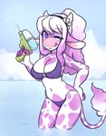 anthro big_breasts bikini biped breasts clothed clothing female looking_at_viewer one_eye_closed outside partially_submerged solo standing swimwear tongue tongue_out toy toy_gun two-piece_swimsuit water water_gun wink zyira jocelyn bovid bovine cattle holstein_friesian_cattle mammal 2015 digital_media_(artwork) hi_res