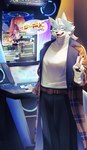 5_fingers anthro arcade_machine belt blue_body blue_fur bottomwear clothing coat eyes_closed eyewear fingers fur glasses hair male open_mouth pants smile solo sweater topwear white_body white_fur yurari_yr lifewonders live_a_hero esperdica canid canine canis mammal wolf 2024 absurd_res hi_res