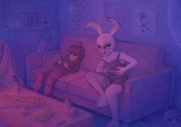 buckteeth clothing controller detailed_background duo female food fur game_controller gaming hair male poster sitting teeth text tanatos_aaa five_nights_at_freddy's five_nights_at_freddy's:_security_breach five_nights_at_freddy's_3 scottgames steel_wool_studios gregory_(fnaf) roxanne_wolf springtrap_(fnaf) vanny_(fnaf) human lagomorph leporid mammal rabbit digital_media_(artwork) english_text meme