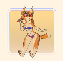 3_toes anthro bandeau bandeau_bikini bangs barefoot bikini biped border breasts brown_hair brown_pawpads clothed clothed_anthro clothed_female clothing dipstick_tail eyewear feet female female_anthro fluffy fur hair head_tuft looking_aside markings midriff orange_body orange_fur outside_border pawpads paws plantigrade pointy_ears pose raised_arm short_hair simple_background small_breasts smile soles solo sunglasses swimwear tail tail_markings three-quarter_view toes topwear tuft twintails_(hairstyle) two-piece_swimsuit ruffu unnamed_character ambiguous_species canid canine felid feline fox mammal digital_drawing_(artwork) digital_media_(artwork) flat_colors full-length_portrait portrait