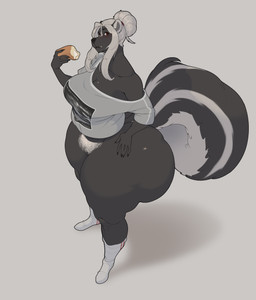 anthro big_butt big_pubes biped bottomless bottomless_anthro bottomless_female breasts butt clothed clothing female food hand_on_hip huge_butt mature_anthro mature_female overweight overweight_anthro overweight_female pastry pubes shadow simple_background solo thick_thighs casloafy bailey_(casloafy) mammal mephitid skunk 2026 absurd_res hi_res
