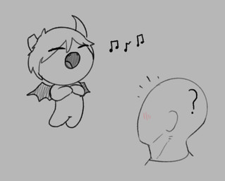 ambiguous_gender blush broken_horn cute_fangs duo eyes_closed fangs flying hair horn male membrane_(anatomy) membranous_wings musical_note musical_symbol question_mark singing symbol teeth wings unknown_artist the_binding_of_isaac_(series) anon azazel_(tboi) demon human mammal
