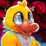 abstract_background ambiguous_gender beak biped blue_eyes clothed clothing costume duck_costume embarrassed internal kerchief neckerchief neckwear red_background simple_background solo toony sexotheque ambiguous_species avian 1:1 2024 digital_media_(artwork) icon