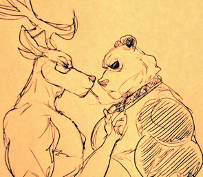 anthro antlers biceps big_muscles cigarette clothed clothing collar duo eyewear facial_scar glasses horn implied_nudity male male/male muscular pecs scar smoking studded_collar studs topless triceps tugging wuffinarts beastars gouhin_(beastars) oguma_(beastars) bear cervine deer giant_panda mammal red_deer 2020 traditional_media_(artwork)