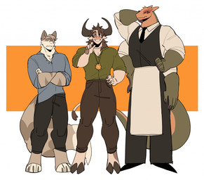 accessory anthro barefoot boots brown_hair clothed clothed_anthro clothed_male clothing crossed_arms ears_back ears_up feet footwear group hair hooves horn jewelry long_tail looking_at_viewer male male/male multi_arm multi_eye multi_limb multicolored_body muscular muscular_male necklace necktie pivoted_ears shoes smile smiling_at_viewer tail trio 000atanerriaper000 gemini_the_sergal sergal hi_res