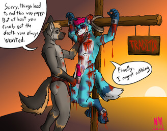 animal_genitalia animal_penis anthro arm_wound artist_initials athletic athletic_anthro athletic_male blood bodily_fluids bottomwear canine_genitalia canine_penis clothed clothed_anthro clothed_male clothing cross crucifixion death_wish duo dying dying_eyes emasculation erection excessive_blood execution executioner exposed feels foot_wound forced forced_exposure forced_presenting furniture genitals gore gore_focus holding_chin holding_knife holding_object hopeless hopelessness humiliation imminent_death knife knot knotted_penis laceration lacerations light loincloth loincloth_only male martyr nail_(weapon) nailed no_regrets nosebleed nude nude_anthro nude_male on_display outdoor_nudity outside penis permanent_bondage public public_disgrace public_display public_erection public_execution public_exposure public_humiliation public_nudity rebel resigned_to_fate sad sign speech_bubble spy sun sunlight text tired tired_expression tired_eyes tired_look topless torso_wound torture_device unusual_fur_pattern whip_mark whipped willing_death wood wounded year nullmen canid canine fox mammal 2025 artist_name digital_media_(artwork) english_text signature story story_at_source story_in_description