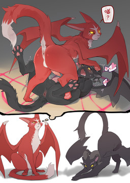 anal balls black_body black_feet black_fur black_horn black_skin black_wings blush bodily_fluids cjk_character countershade_face countershading crouching crying drooling duo feet feral floor fur genitals horn huge_ears looking_at_another looking_at_viewer looking_pleasured lying magic magic_circle markings on_back penis presenting question_mark red_body red_ears red_feet red_fur red_skin red_tail red_wings saliva shadow shaking simple_background sitting standing tail tears text thought_bubble tremble_spikes trembling white_markings white_tail wings yellow_eyes sssshark_(artist) mythology the_cat_and_the_dragon nekoryuu_(cat_and_dragon) demon domestic_cat dragon felid feline felis hybrid mammal mythological_creature mythological_scalie scalie 2026 absurd_res chinese_text digital_drawing_(artwork) digital_media_(artwork) hi_res multiple_scenes translated