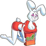 anthro big_breasts breasts cereal_box clothed clothing crossgender eyeshadow female fur head_tuft looking_at_viewer makeup mascot midriff simple_background smile solo tuft white_body white_fur pamvllo general_mills trix trix_rabbit lagomorph leporid mammal rabbit