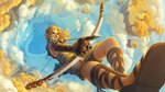 arrow_(weapon) blonde_hair bow_(weapon) clothing cloud dankitsune day digital_media_(artwork) footwear hair hi_res humanoid humanoid_pointy_ears hylian light_body light_skin link male nintendo not_furry ranged_weapon sandals shoes signature solo tears_of_the_kingdom the_legend_of_zelda weapon