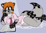 checkered checkered_fur eyewear female glasses hair necktie reading red_hair tabbiewolf mammal procyonid raccoon