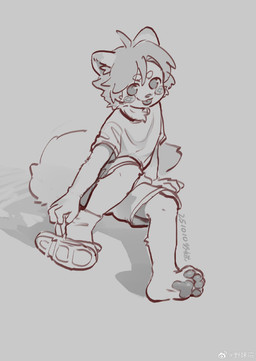 4_toes 5_fingers ahoge anthro bangs big_tail blush blush_lines bottomwear chest_tuft circle_eyebrows clothed clothing discarded_footwear eyebrow_through_hair eyebrows feet fingers foot_fetish foot_focus footwear fox_ears fox_tail hair legwear looking_at_viewer male one_sock one_sock_on pawpads paws presenting removing_shoes sandals sandals_removed shirt shoes shorts simple_background sitting sitting_on_ground smile smiling_at_viewer socks solo spread_legs spreading tail tan_background teasing teasing_viewer teasing_with_feet text toes tongue tongue_out topwear translucent translucent_hair tuft weibo_logo young young_anthro young_male teien weibo canid canine canis fox mammal absurd_res chinese_text hi_res monochrome