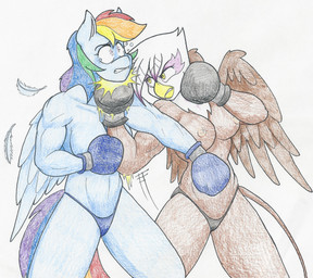 anthro anthrofied areola boxing boxing_gloves breasts clothed clothing dazed duo feathered_wings feathers female fight handwear navel nipples ryona simple_background sport tail topless white_background wings yellow_eyes flicker-show friendship_is_magic hasbro my_little_pony mythology gilda_(mlp) rainbow_dash_(mlp) avian equid equine gryphon mammal mythological_avian mythological_creature mythological_equine pegasus 2017 absurd_res hi_res traditional_media_(artwork)