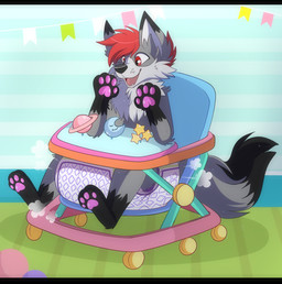 4_fingers 4_toes ambiguous_gender anthro ball big_diaper black_body black_fur black_nose black_tail_tip clean_diaper clothed clothing cloud_emanata decoration detailed_background diaper diaper_only diaper_puff dipstick_tail emanata feet fingers fur gloves_(marking) grey_body grey_fur grey_inner_ear grey_inner_ear_fluff grey_tail inner_ear_fluff inside leg_markings markings multicolored_body multicolored_fur open_mouth open_smile pawpads pink_pawpads red_body red_fur sharp_teeth sitting smile socks_(marking) solo stroller tail tail_markings teeth toes topless tuft wearing_diaper whisker_spots jupiters kota_(wittlewolfykota) canid canine canis mammal wolf full-length_portrait hi_res letterbox portrait