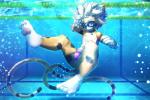 anthro black_body black_fur blue_eyes brown_body brown_fur bubble clothed clothing collar eyewear fur goggles hair looking_at_viewer male multi_tail pawpads smile solo swimming_pool swimwear tail topless underwater water white_body white_fur white_hair young young_anthro kemorate domestic_cat felid feline felis mammal 2016