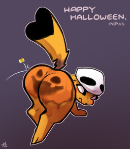 annoyed big_butt butt female feral heart_tail holiday_message holidays looking_back mostly_nude pumpkin_butt solo tail text tofuuu halloween nintendo pokemon team_skull alkaline_(tofuuu) generation_1_pokemon mammal pikachu pokemon_(species) rodent english_text