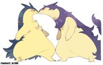 ambiguous_gender anthro blue_body blue_fur blush blush_lines bodily_fluids duo embarrassed fur multicolored_body nose_to_nose purple_body purple_fur red_eyes simple_background sweat tail two_tone_body yellow_body yellow_fur batten12 nintendo pokemon generation_2_pokemon generation_8_pokemon hisuian_form hisuian_typhlosion pokemon_(species) regional_form_(pokemon) typhlosion 2025 signature