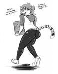 blush bottomwear butt clothing computer dialogue electronics eyeshadow female footwear glistening glistening_clothing hair holding_object hoodie humor long_hair looking_at_viewer looking_back makeup pants shoes solo stripes text topwear walking yoga_pants carrus amd felid mammal pantherine tiger hi_res monochrome sketch