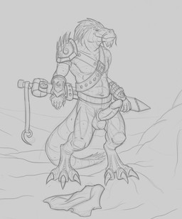 anthro armor balls claws digitigrade erection front_view genitals humanoid_genitalia humanoid_penis looking_at_viewer male male_anthro melee_weapon mostly_nude mouth_closed narrowed_eyes penis solo standing sword toe_claws weapon aduran dinosaur prehistoric_species reptile scalie full-length_portrait hi_res monochrome portrait sketch