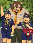 anthro bottomwear boy_scout brown_body brown_fur clothing fur group hat headgear headwear humanoid_hands male overweight scout_leader shirt shorts topwear young schne11 bear human mammal 2021 absurd_res hi_res