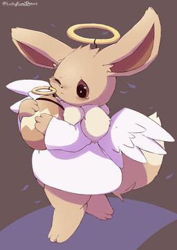 3_toes angel_costume anthro bodily_fluids brown_body brown_eyes brown_fur clothing costume crying dress egg feathered_wings feathers feet female fur halo kemono semi-anthro simple_background solo tail tears toes white_clothing white_dress wings luckyrumi nintendo pokemon eevee generation_1_pokemon pokemon_(species) digital_media_(artwork) hi_res