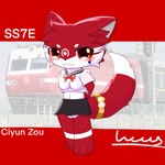 1:1 2024 adolescent anthro black_bottomwear black_clothing black_skirt blush bottomwear canid canine canis ciyun_zou clothing fan_(disambiguation) female happy hi_res kemono looking_at_viewer lucas_yuan_ww mammal navel navel_outline red_body red_bow red_eyes red_tail sailor_uniform side_view skirt solo tail tattoo train transformation vehicle wolf young young_anthro young_female