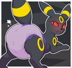 ambiguous_gender blush clothed clothing diaper eeveelution embarrassed feral generation_2_pokemon grumpy hi_res looking_at_viewer looking_back lying nineplusten nintendo on_front paws pokemon pokemon_(species) solo umbreon wearing_diaper