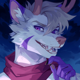 abstract_background ambiguous_gender anthro antlers dipstick_ears ear_markings facial_markings fur glistening glistening_eyes grey_hair hair head_markings horn looking_at_viewer markings multicolored_ears open_mouth open_smile pink_antlers pink_nose pink_tongue purple_body purple_eyes purple_fur purple_markings purple_scarf scarf simple_background smile solo tongue unsigned white_body white_fur corzh77 canid canine canis deer hybrid mammal wolf 1:1 absurd_res bust_portrait detailed hi_res icon portrait