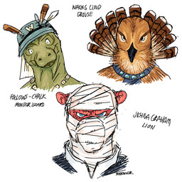 ambiguous_gender anthro bandage bandage_on_face bandaged_face beak black_beak blue_eyes brown_body brown_feathers clothing feathers green_body group hat headgear headwear jewelry looking_at_viewer necklace new_vegas simple_background text trio wearing_hat white_background fordowner fallout microsoft follows-chalk_(fallout) joshua_graham_(fallout) walking_cloud_(fallout) avian bird felid galliform grouse lion lizard mammal monitor_lizard pantherine phasianid reptile scalie artist_name bust_portrait english_text hi_res portrait signature female_(lore) male_(lore)