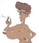 anthro big_breasts bracelet breasts brown_body brown_fur brown_hair brown_nipples cigarette ear_piercing elderly elderly_anthro elderly_female female fur hair half-closed_eyes hand_on_hip holding_object huge_breasts jewelry long_nipples looking_at_viewer markings mole_(marking) narrowed_eyes nipples nude piercing simple_background smoke smoking solo white_background smutbooru blacksad mrs._caprine_(smutbooru) bovid caprine goat mammal aliasing binary_drawing digital_drawing_(artwork) digital_media_(artwork) hi_res