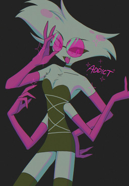 4_arms black_background chest_tuft clothed clothing cute_fangs eyelashes eyeshadow eyewear fangs freckled_shoulders freckles glasses long_eyelashes makeup male multi_arm multi_limb simple_background solo teeth tuft wearing_glasses enaic31 hazbin_hotel hellaverse angel_dust arachnid arthropod demon humanoid spider hi_res