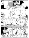 anthro asian_clothing balls belly big_balls bottomwear clothing duo east_asian_clothing fundoshi genitals hoodie humanoid_hands inside japanese_clothing kemono male mature_male overweight overweight_male pants sitting sleeping text topwear underwear motogen canid canine felid mammal pantherine raccoon_dog tanuki tiger 2011 comic japanese_text monochrome