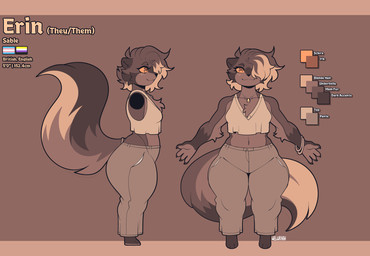 anthro biped blonde_hair brown_clothing brown_ears brown_hair brown_tail character_pronouns clothed clothed_anthro clothing dark_body dark_ears dark_fur dark_tail eyelashes female fluffy fluffy_chest freckled_face freckles fur fur_markings furry_tail hair jewelry lgbt_pride markings multicolored_body multicolored_fur multicolored_hair necklace nonbinary_pride_colors orange_eyes orange_sclera pride_colors pronouns smile solo standing stated_height tail tail_markings tan_clothing text thick_thighs transgender_pride_colors two_tone_body two_tone_fur two_tone_hair two_tone_tail wide_hips yellow_body yellow_fur yellow_tail conditional_dnp welwraith erin_(welwraith) gulonine mammal marten mustelid musteline sable_(marten) 2026 brown_theme character_name digital_drawing_(artwork) digital_media_(artwork) english_text hi_res model_sheet watermark nonbinary_(lore)