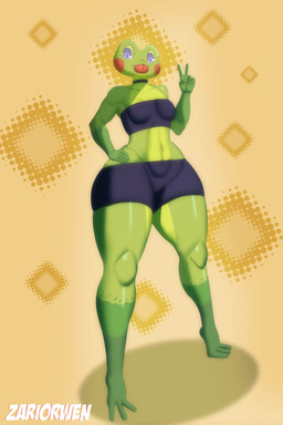 abs anthro blep blue_eyes bottomwear breasts choker clothing female gesture glistening glistening_body green_body hand_gesture jewelry looking_at_viewer low-angle_view multicolored_body navel necklace non-mammal_breasts shorts simple_background small_breasts solo thick_thighs tongue tongue_out v_sign wide_hips zariorwen anny amphibian frog absurd_res hi_res