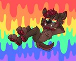 abstract_background anthro black_nose brown_body brown_fur chibi fangs fur hair half-closed_eyes hands_behind_head lgbt_pride lounging lying male multicolored_eyes narrowed_eyes on_back pawpads pride_color_background pride_color_eyes pride_colors rainbow_background rainbow_eyes rainbow_pride_colors red_hair red_pawpads simple_background six-stripe_rainbow_pride_colors smile solo teeth toony wavy_mouth unoraccoonart mammal suid suina sus_(pig) wild_boar