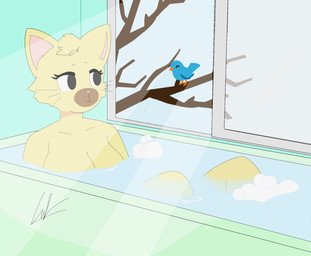 anthro bath bathing bathroom bathtub branch breasts bubble eye_contact eyelashes female fur hair heart_nose heart_symbol light looking_at_another morning nipples nude nude_anthro outside plant relaxing side_boob side_view simple_background sitting smile snout solo sunlight sunny sunny_day tail water whiskers window yellow_body yellow_fur cookiespug erinna_(cookiespug) erinna_madeline_fitzgerald avian bird domestic_cat felid feline felis mammal 2025 digital_drawing_(artwork) digital_media_(artwork) digital_painting_(artwork) hi_res painting_(artwork)