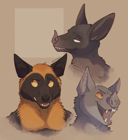 ambiguous_gender anthro bat_ears black_body black_fur black_nose brown_body brown_fur brown_nose eyebrows fangs fur grey_body grey_fur grey_nose grin group open_mouth open_smile orange_body orange_fur raised_eyebrow simple_background smile tan_background teeth tongue trio gunwasp bat flying_fox leaf-nosed_bat mammal megabat microbat spectral_bat vampire_bat yangochiropteran 2026 bust_portrait clip_studio_paint_(artwork) digital_drawing_(artwork) digital_media_(artwork) headshot_portrait hi_res portrait shaded