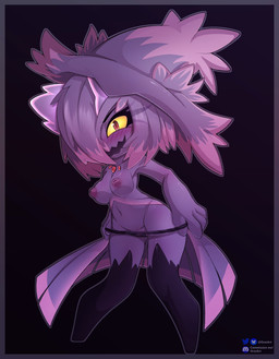 areola blush blush_lines border breasts clothed clothing eyelashes female grey_border hair hair_over_eye inverted_nipples looking_at_viewer navel nipples panties panties_only purple_areola purple_background purple_body purple_hair purple_nipples red_eyes simple_background solo thick_thighs topless underwear underwear_only undressing wide_hips yellow_sclera orez_art nintendo pokemon generation_3_pokemon generation_4_pokemon humanoid hybrid kirlia mismagius pokemon_(species) hi_res