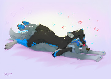 anthro anthro_on_anthro biped black_body black_fur blep blue_body blue_fur blush casual_nudity cheek_tuft claws cuddling duo eye_contact facial_tuft fluffy fluffy_tail flustered fur grey_body grey_fur heart_eyes heart_symbol hug inner_ear_fluff inside looking_at_another lying lying_on_another male male/male nude on_another on_front on_ground on_top on_top_of_another pawpads paws romantic romantic_ambiance simple_background smile stretching tail tongue tongue_out tuft white_body white_fur skyvo canid canine canis mammal wolf digital_drawing_(artwork) digital_media_(artwork) hi_res signature
